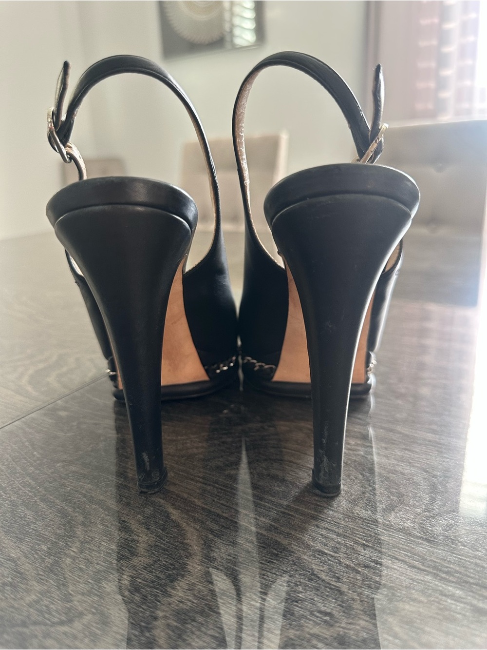 CHANEL Black Peep-Toe Slingback Heels with Chain Trim - Picture 3 of 4